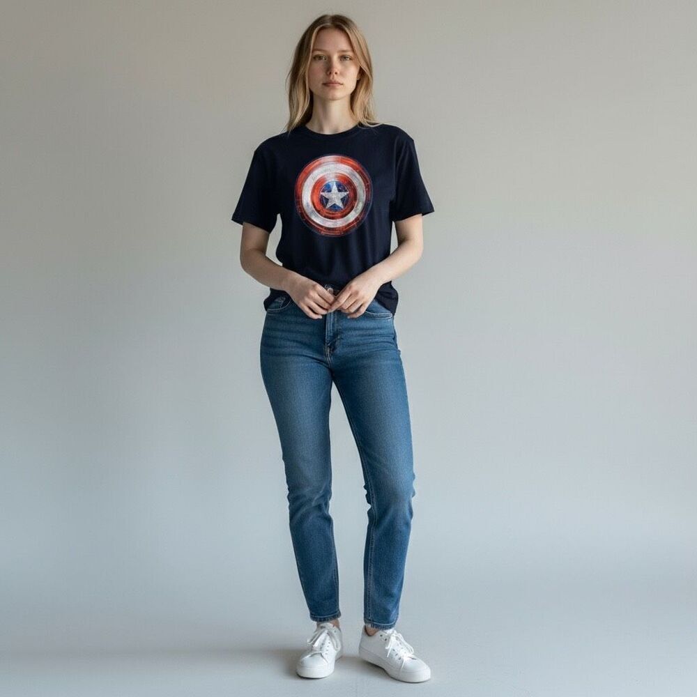 Marvel Captain America Tee Shirt 100% Cotton Solid Navy Blue Short Sleeve size L